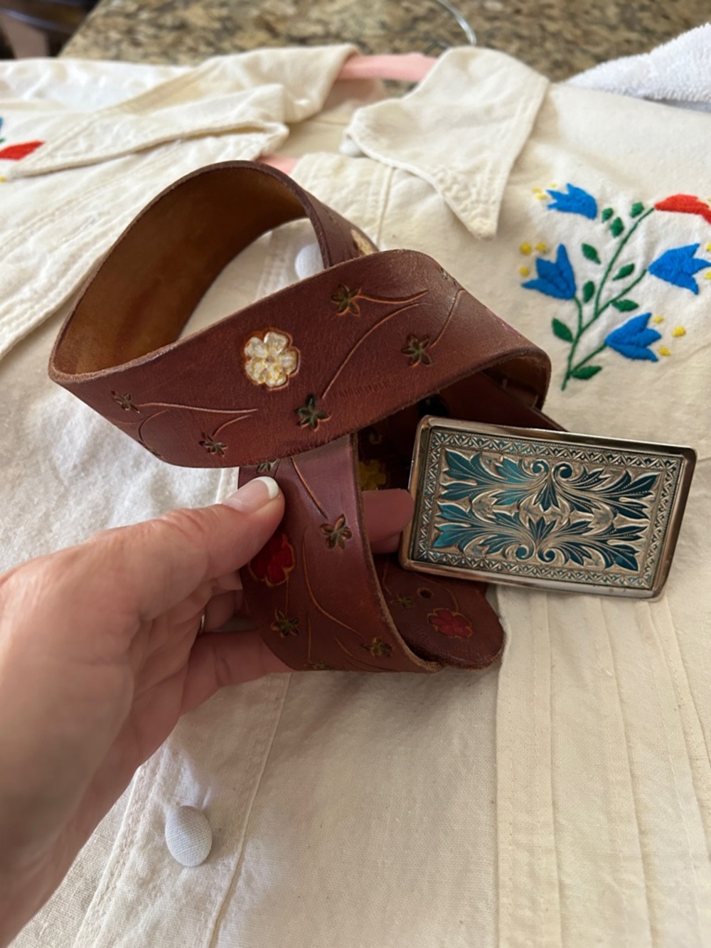 1970’s Painted Leather Belt w Silver Buckle Turquoise Sz 33
